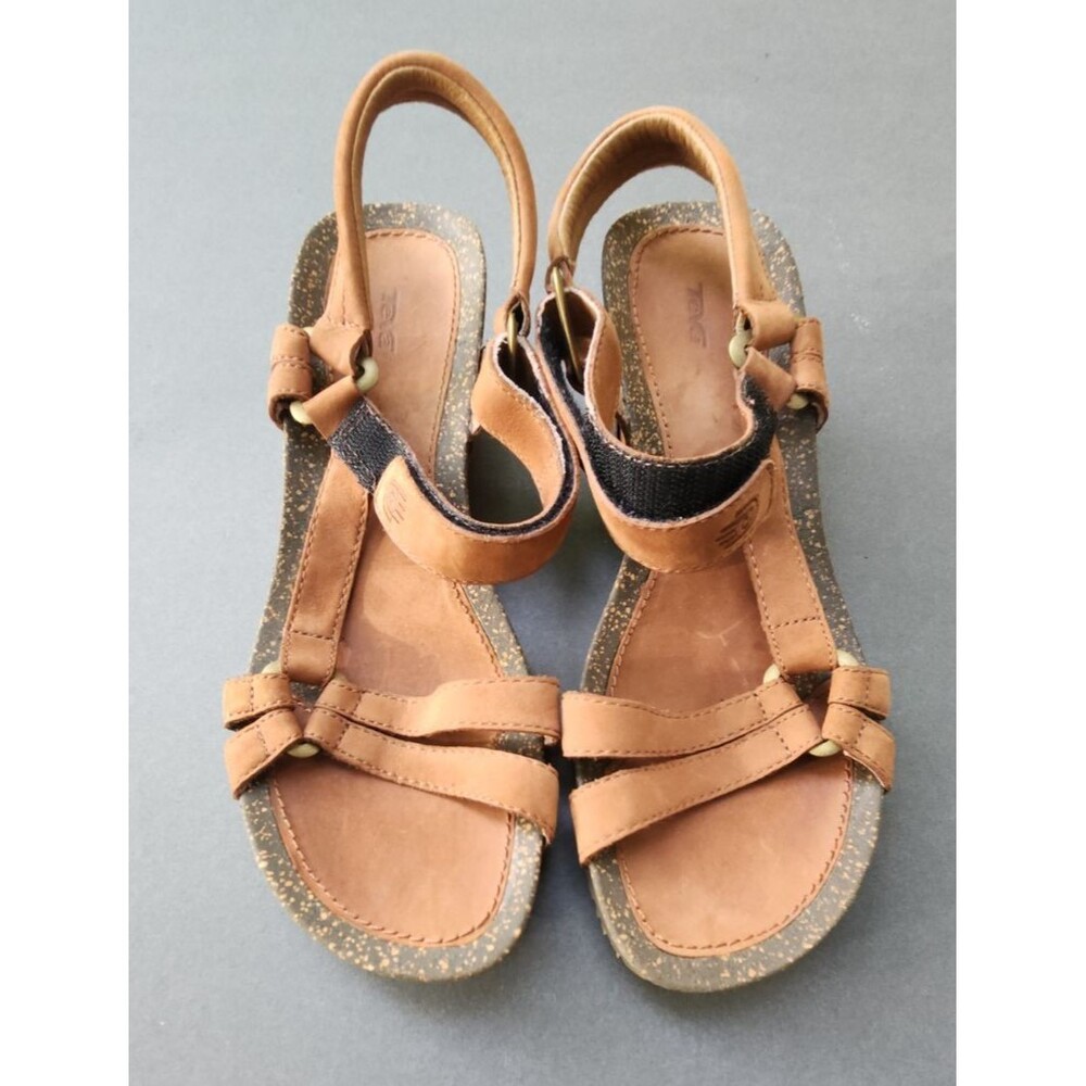 Teva Wedge Sandal Brown Leather 9.5 Slingback Open Toe Shoes Sandals